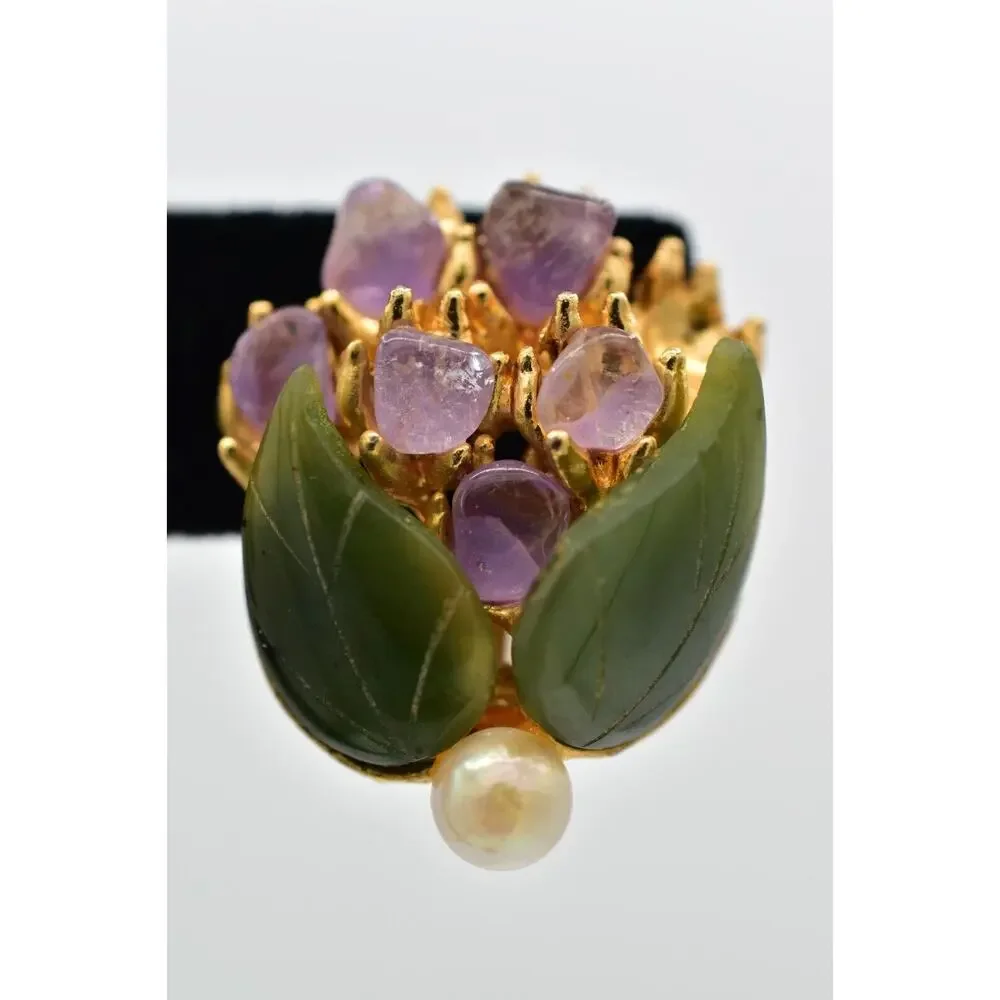 Swoboda Vintage Clip On Earrings Pearl Amethyst Jade Semi-Precious Signed 60s 9L